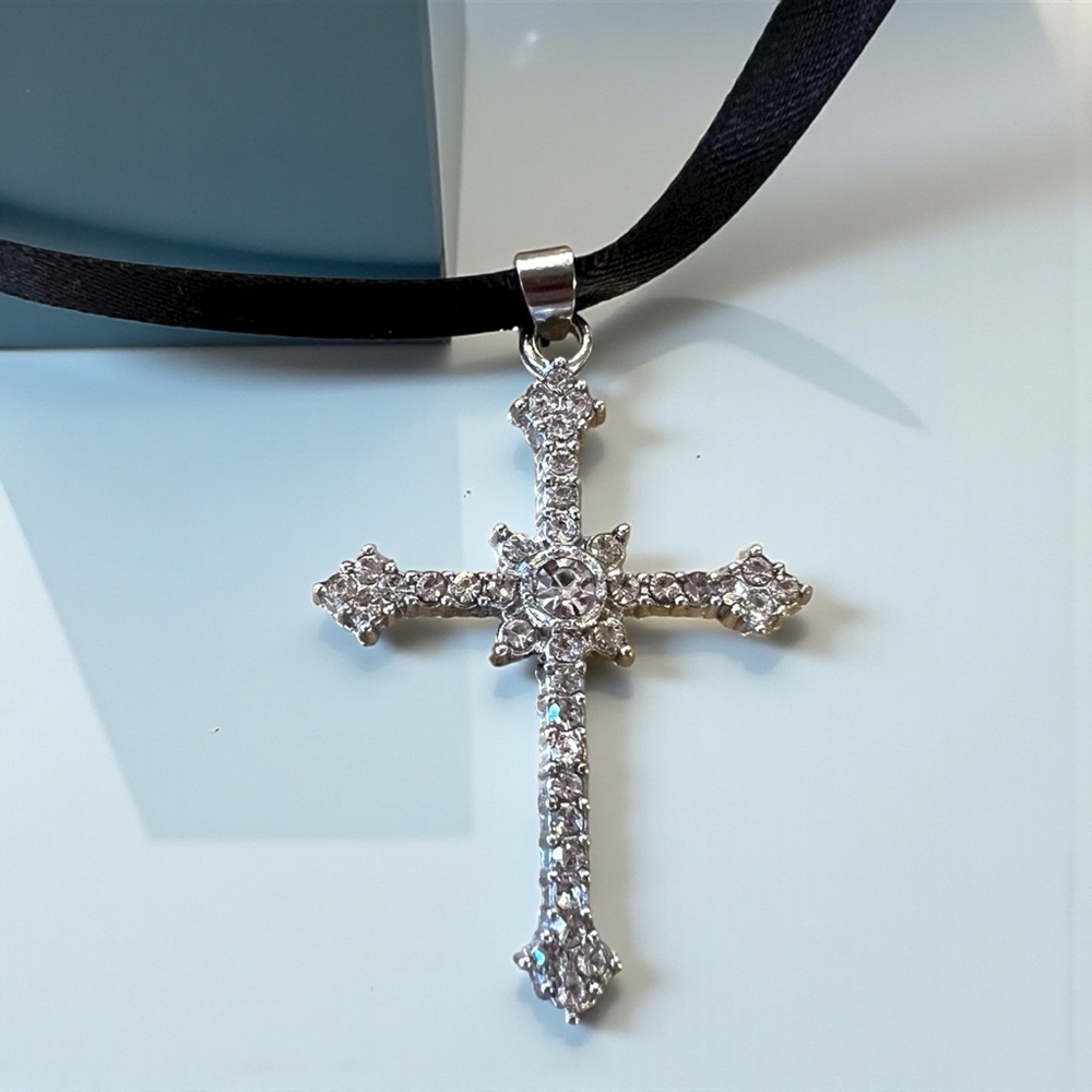 Silver Toned Cubic Zirconia Cross Pendant Choker Necklace